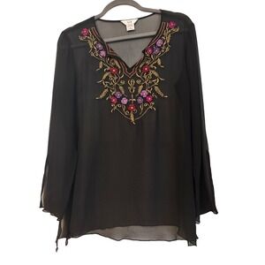 SLB Women Black 100% Silk Embroidered Floral Vintage V-Neck Sheer Tunic Small‎